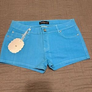 Y2K Micro Mini Shorts Size 13 Blue Low Rise Stretch Jean Gems New